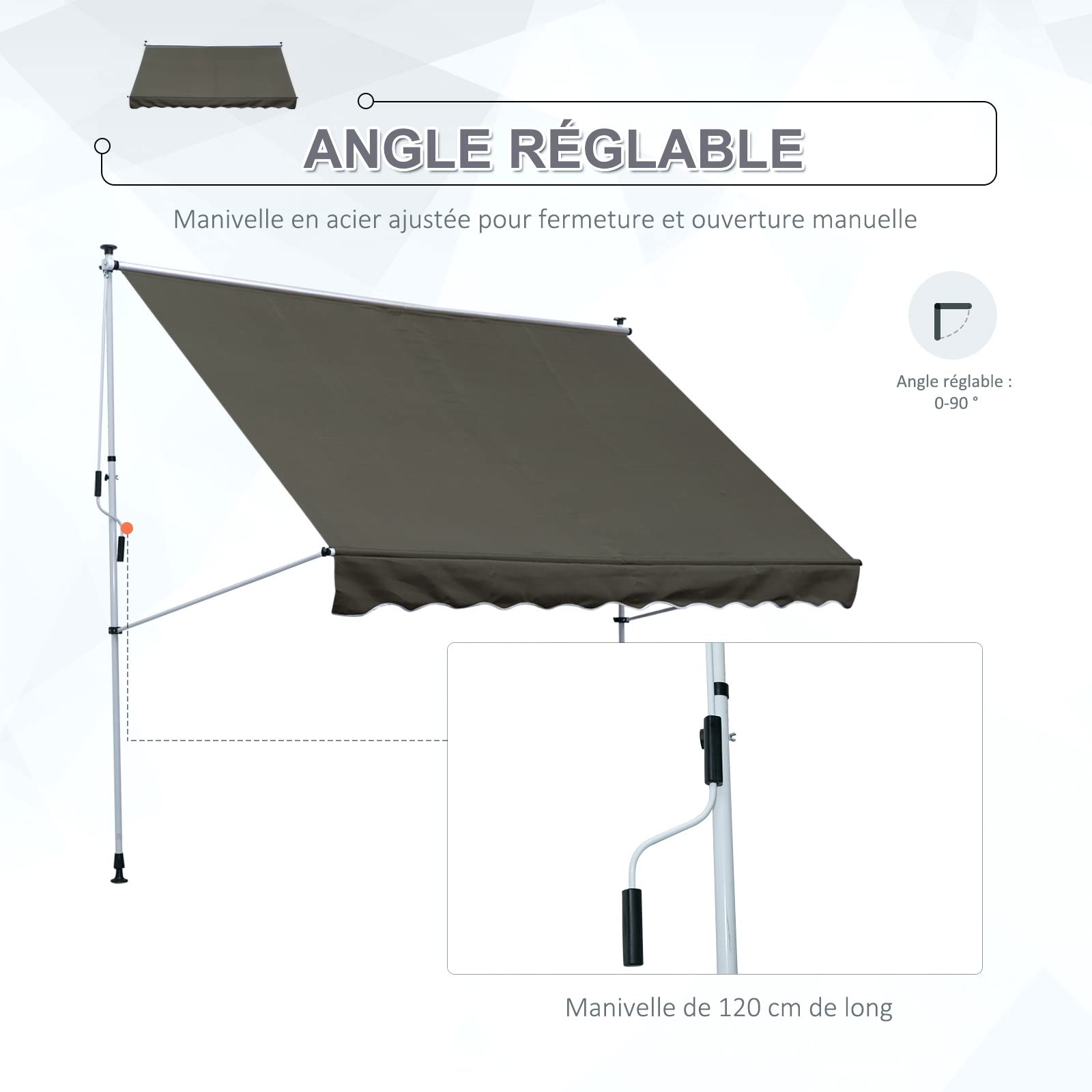 Outsunny Store banne Manuel rétractable 3L x 1,5l m Auvent Téléscopique sans Perçage Inclinaison et Hauteur réglable Installation Rapide métal alu Polyester Anti-UV Gris