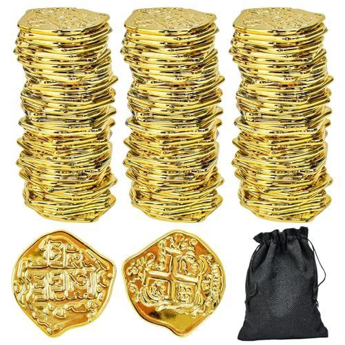 OLRWSLG 100 Piece Gold Pirate Coins Pirate Treasure Hunt Coins Toys Treasure Coin Set Plastic Coin Replica Spanish Doubloons with Pouch for Board Games Pirate Party Halloween Cosplay Birthday