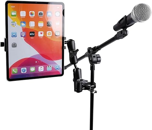 Miniatura 2 de Soporte de aluminio para tableta de doble brazo con súper abrazadera para rieles de 0.5 a 2 pulgadas de diámetro, soporte de tableta de montaje