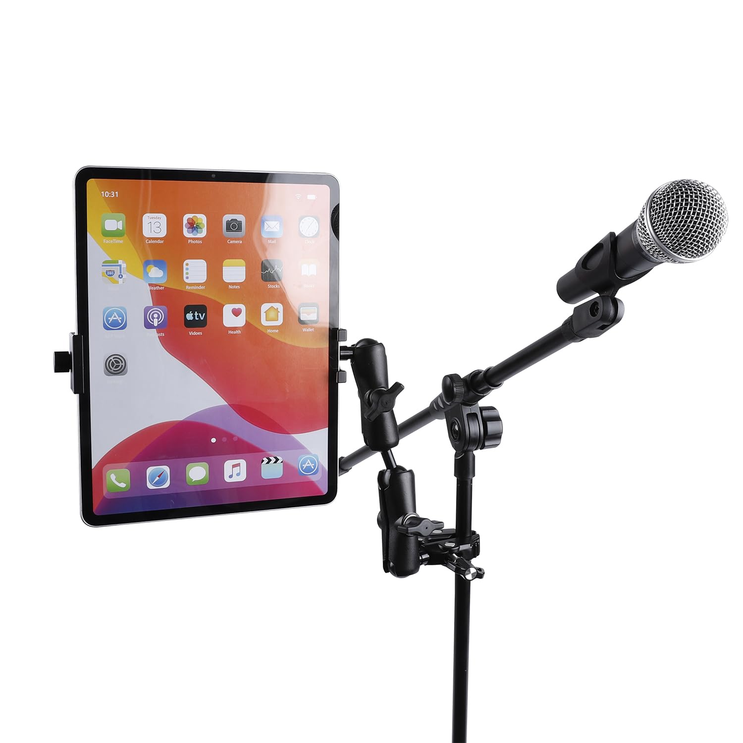Soporte de aluminio de doble brazo para tablet con súper abrazadera para rieles de 0.5 a 2 pulgadas de diámetro, soporte lateral para tablet para soporte de micrófono, compatible con iPad Pro 12.9 Air