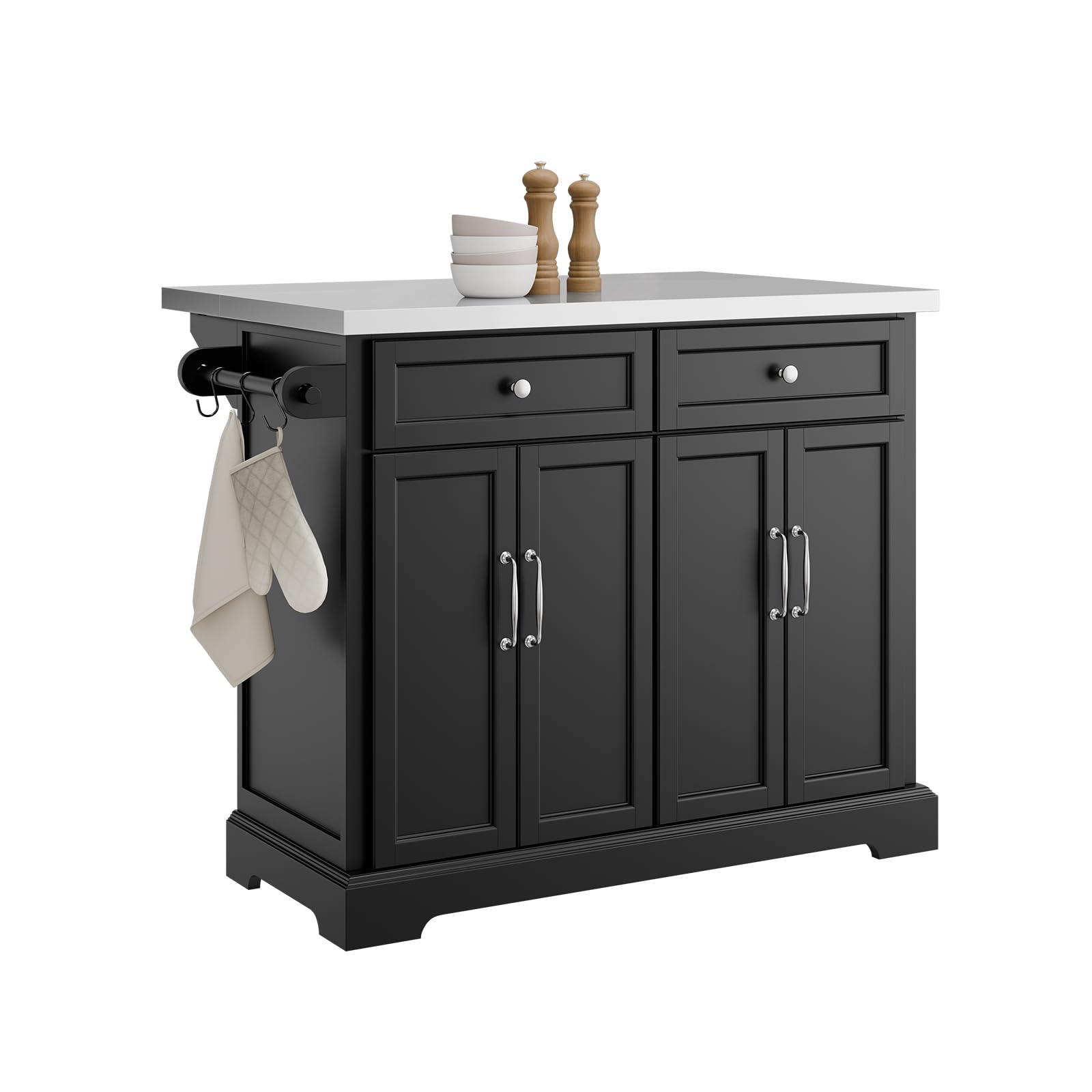 SoBuy Kitchen Island on Wheels Rolling Kitchen Storage Trolley with Extendable Worktop, 2 Drawers and Adjustable Shelves for Dining Room, Breakfast Bar Black W115 x D(45–71) x H92 cm FKW71-II-SCH