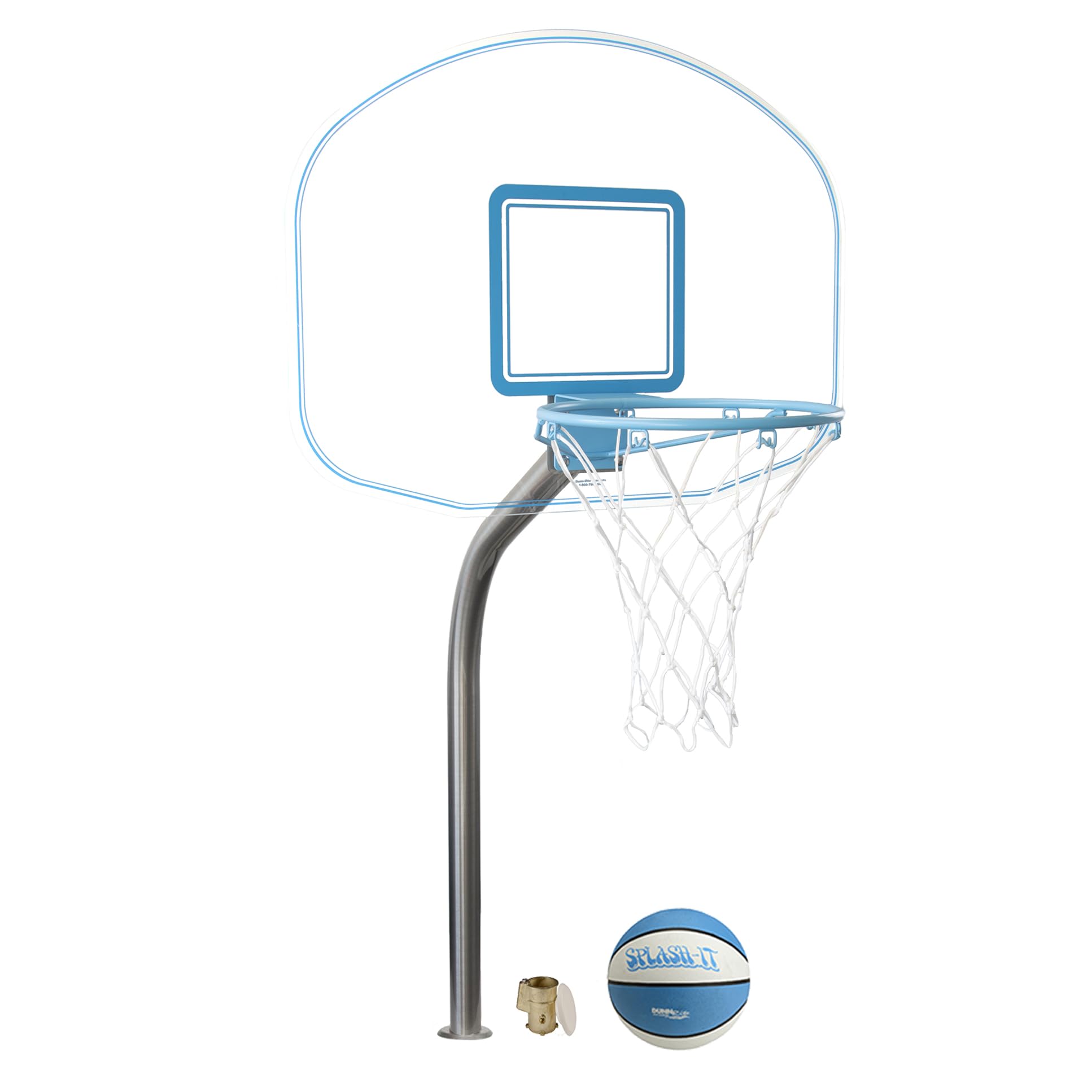 Dunn-Rite Clear Hoop Jr. Deck-Mounted Poolside Basketball Hoop w/Ball, 2 & 3/8" Brass Anchor w/Cap, & 14 Inch Stainless Steel Rim