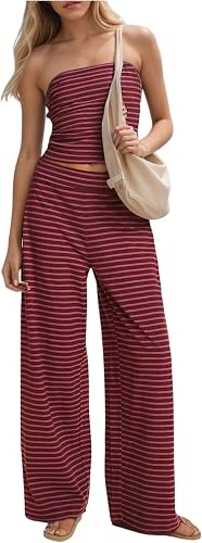 RoseSeek Women's 2 Piece Outfits Striped Strapless Tops and Mid Rise Pants Cloth