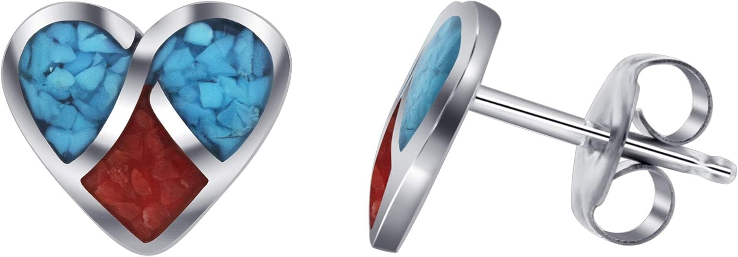 Heart Design Turquoise and Coral Gemstone Inlay Stud 925 Sterling Silver Earrings for Women