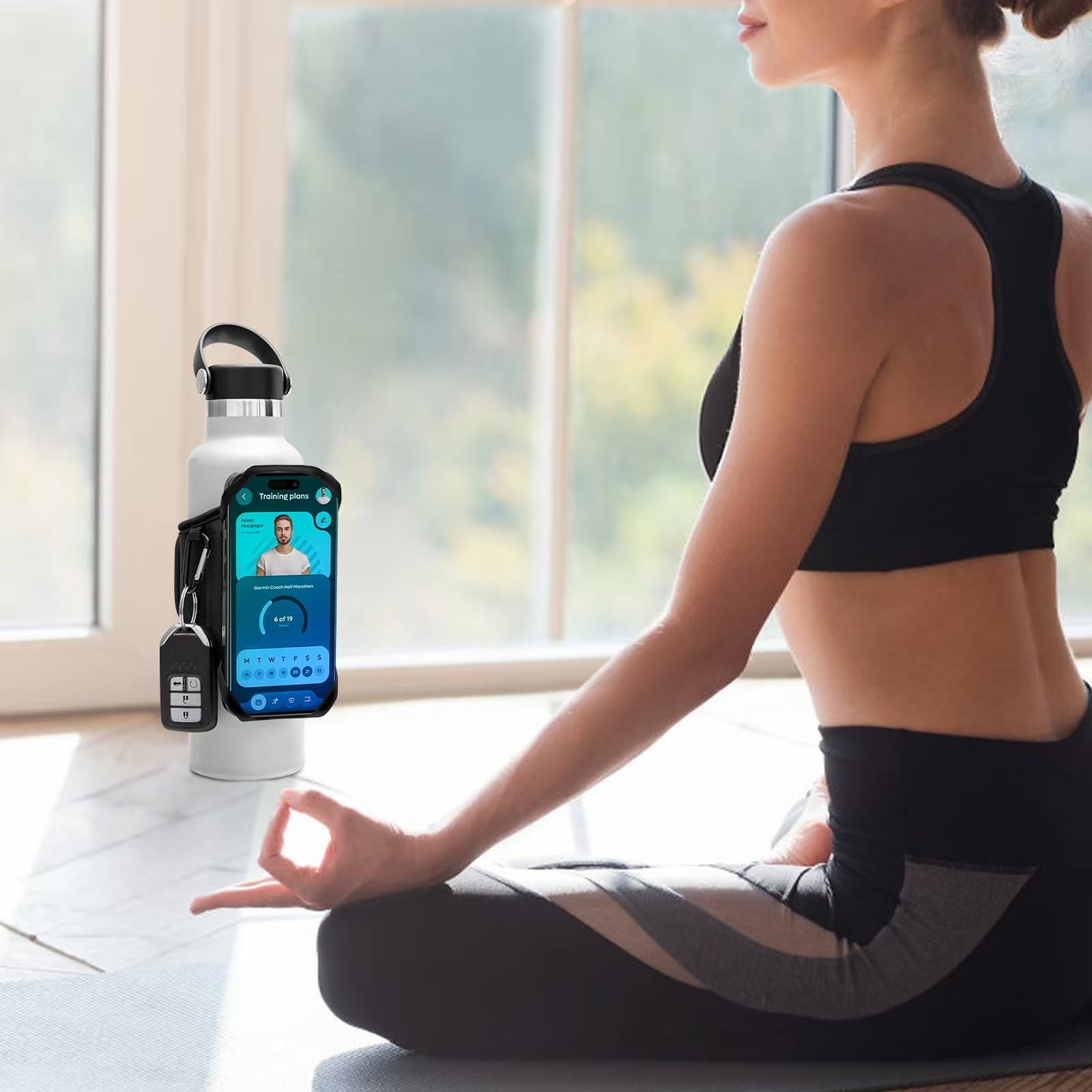 Cikyner Cinghia per Bottiglia d'Acqua, Porta Bottiglia d'Acqua per Telefono Cellulare, Accessori da Palestra Rimovibili e Girevoli a 360° per Telefono da 4,5-7'' e Bottiglie da Diametri 5-9cm
