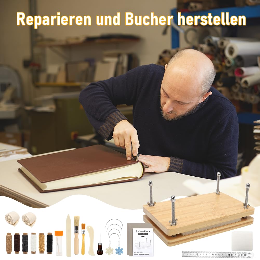 RANJIMA Buchbindesets teiliges, Buchpresse aus Holz Buchbinder Set Buch Binde Kit für Buchreparaturtuch Buchbinderleinen Buchbindebedarf Hand Buch Binde Werkzeuge Falzbeine zum Reparieren Alter Bücher