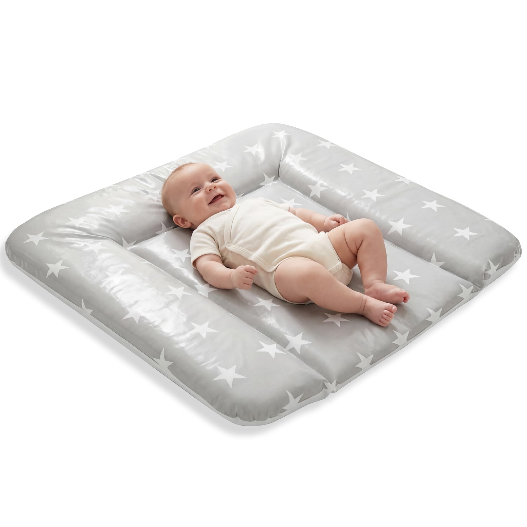 roba Colchón Cambiador Bebe Impermeable 85 x 75 cm - Little Stars - Borde Elevado - Superficie sin Ftalatos - Estampado de Estrellas Blancas sobre Fondo Gris