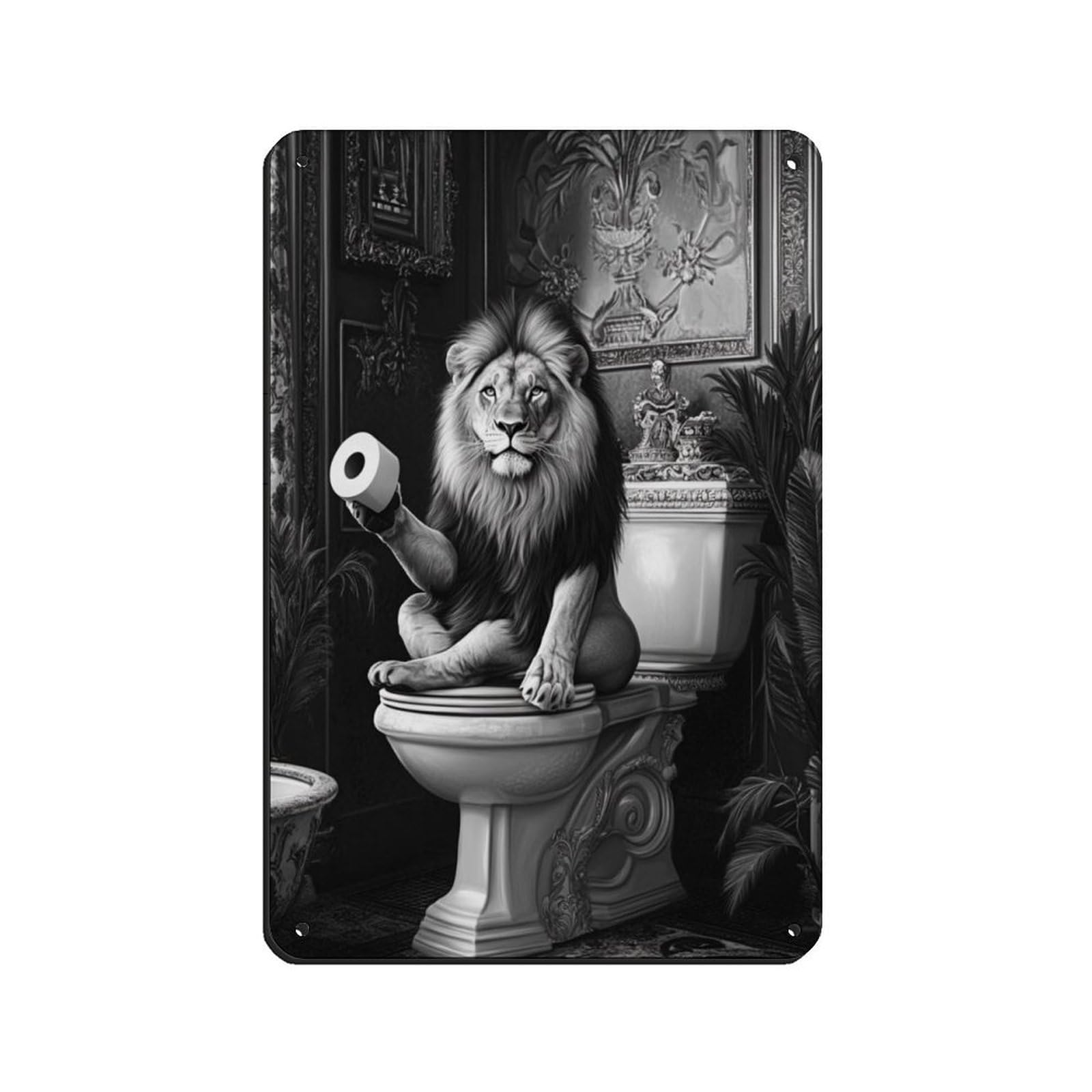 Lion on Toilet Humorous Retro Poster Metal Tin Sign Chic Art Retro Iron Painting Bar People Cave Cafe Family Garage Poster Wall Decoration 8x12inch(20x30cm)