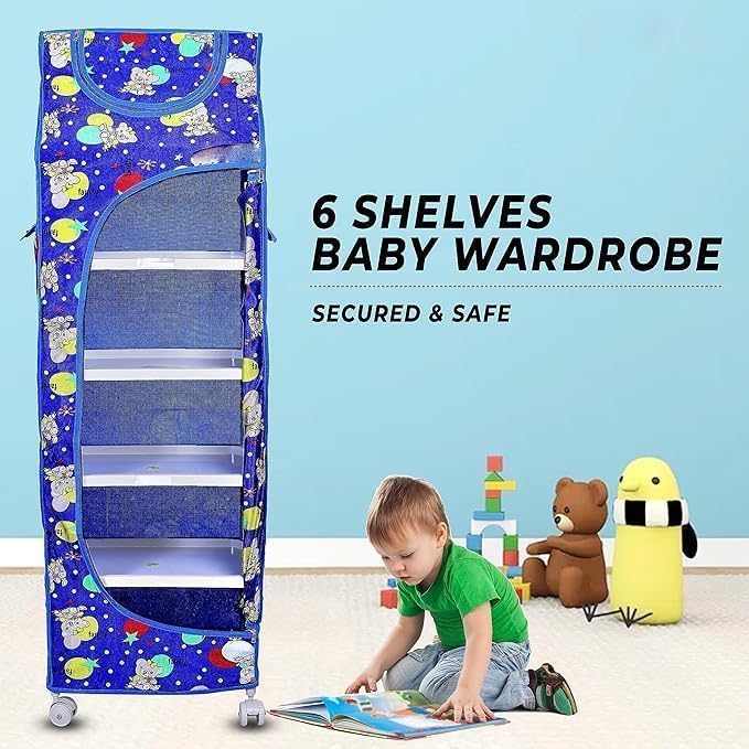 Image of HYSEYY Baby Wardrobe Plastic Kids Storage Rack with Fabric Cover & Wheels | 6-Tier Plastic Shelves Organizer | Toy, Book & Clothes Storage Cabinet for Kids Room