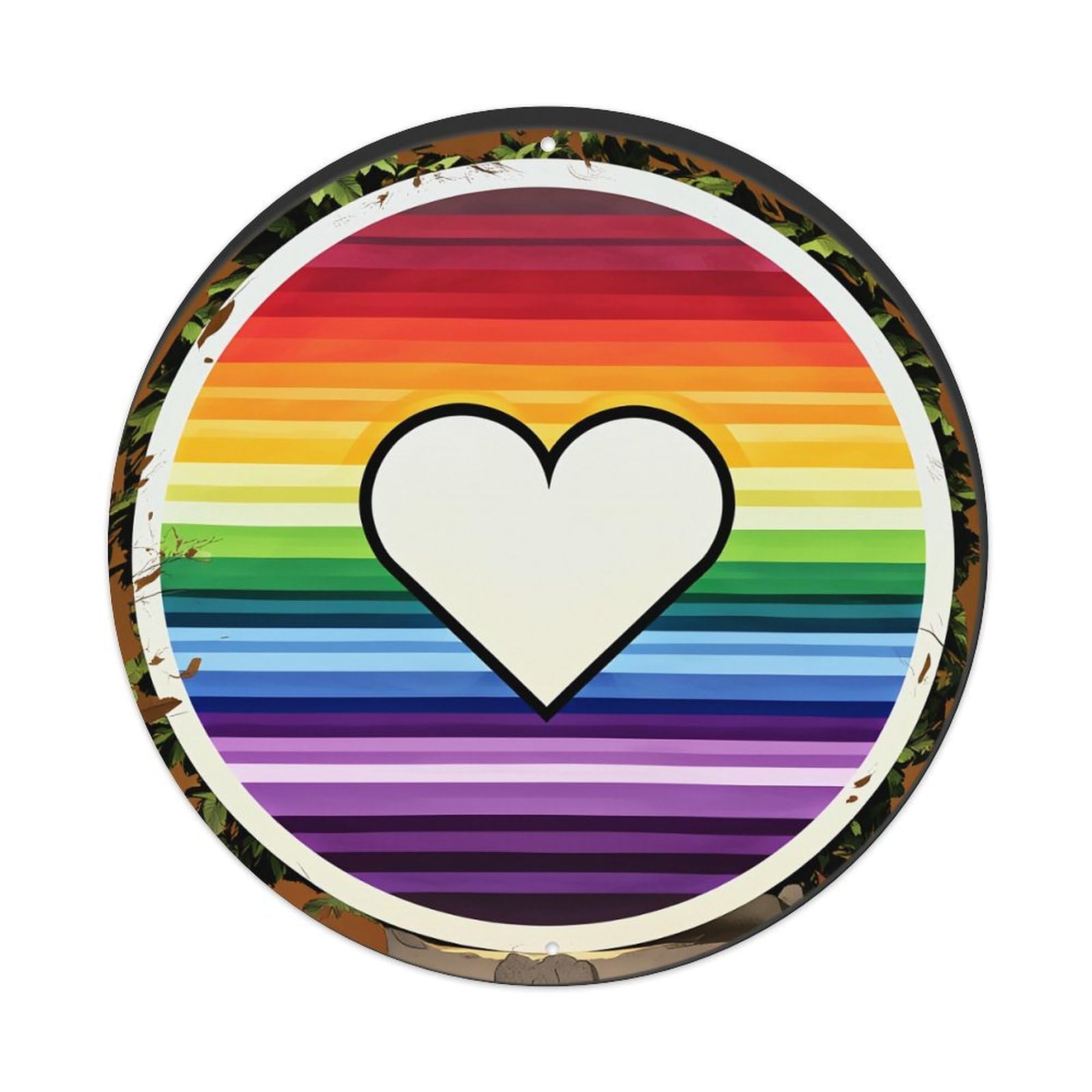 Rainbow Stripes Heart Pattern Circle Vintage Round Tin Sign Retro Metal Wall Decor Metal Poster, Home Bar Garage Cafe Wall Art Decoration 8x8Inches