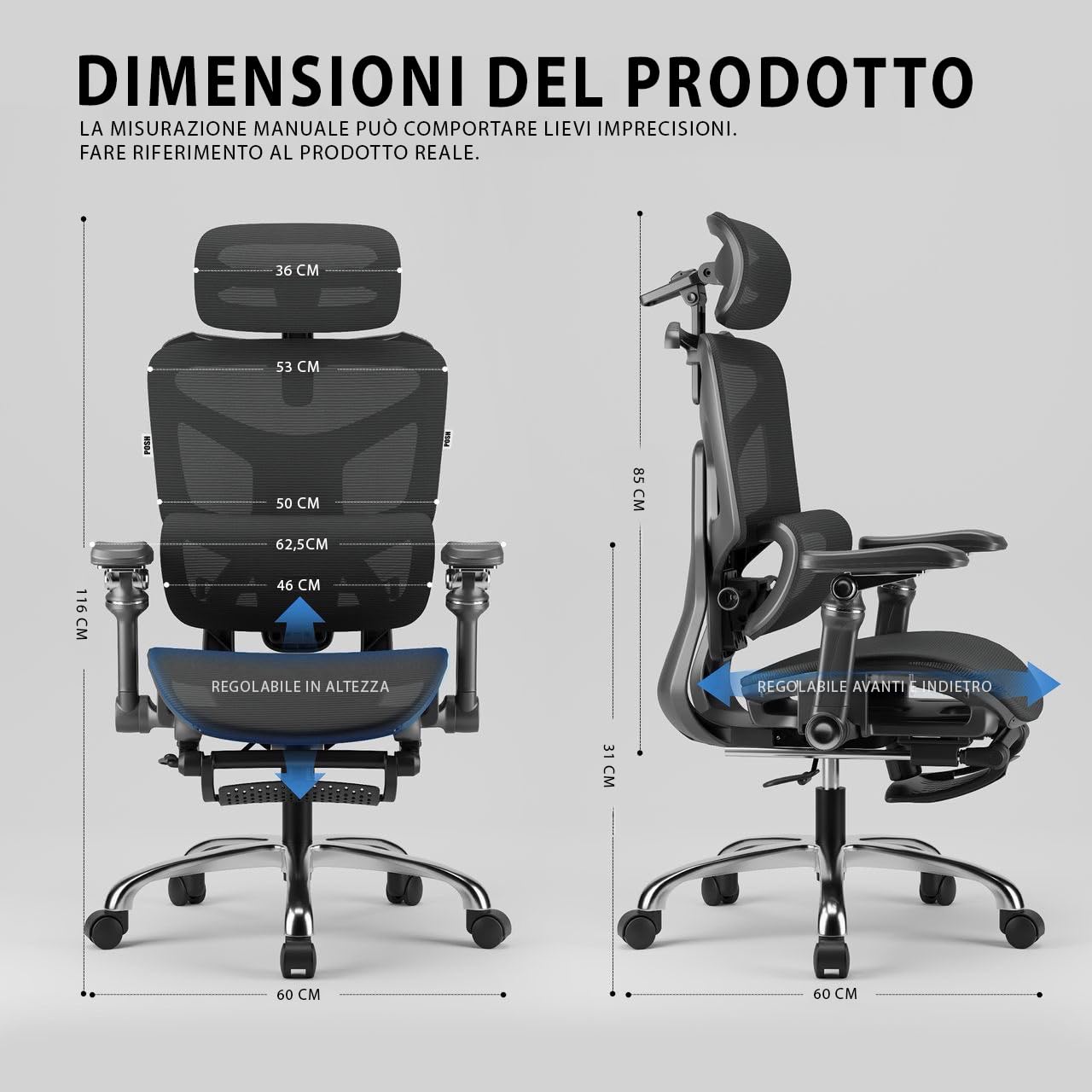 POSH Sedia da ufficio ergonomica con poggiapiedi e braccioli 9D, inclinazione di 145°, con supporto lombare dinamico, poggiatesta regolabile, schienale in rete e croce in alluminio, fino a 100 kg
