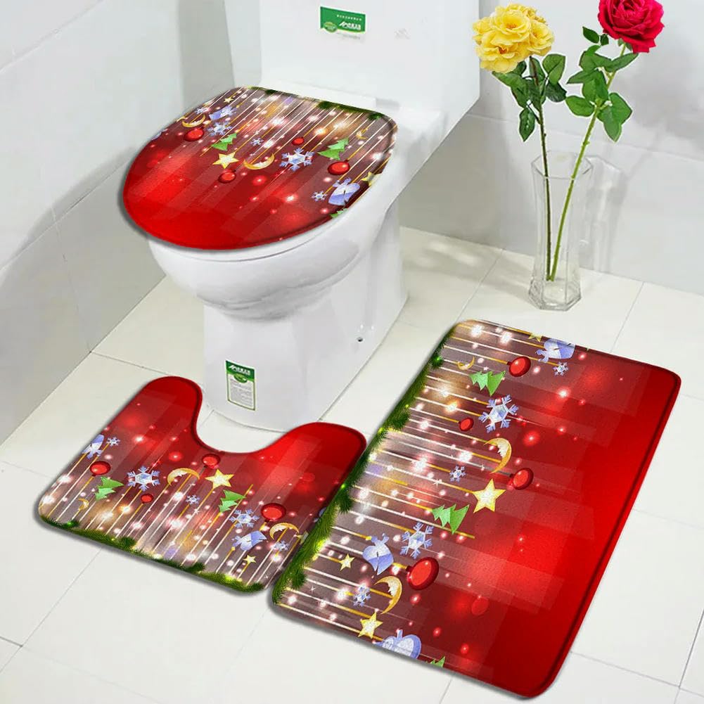 Tapis De Bain Noël - Set De 3 Pièces (siège WC, Dessous De Pied, Tapis) - Antidérapant Et Absorbant, Motifs Festifs
