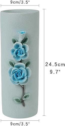 Miniatura 2 de Suanti Jarrón de flores, jarrón azul con tres diseños florales en relieve, adecuado para decoración de sala de estar, exhibición de mesa y mesa de