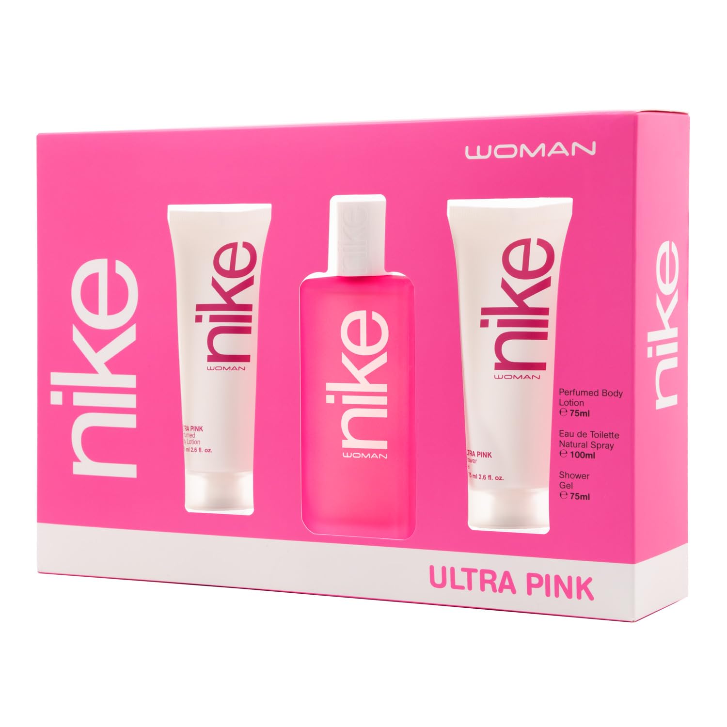 NIKE - Cologne Ultra Pink 100 ml + Crème Corps 75 ml + Gel Bain 75 ml, Coffret Femme, Eau de Toilette Naturelle et Féminine, Arôme Oriental Gourmand, Parfum Frais, Insoumis et Longue Tenue