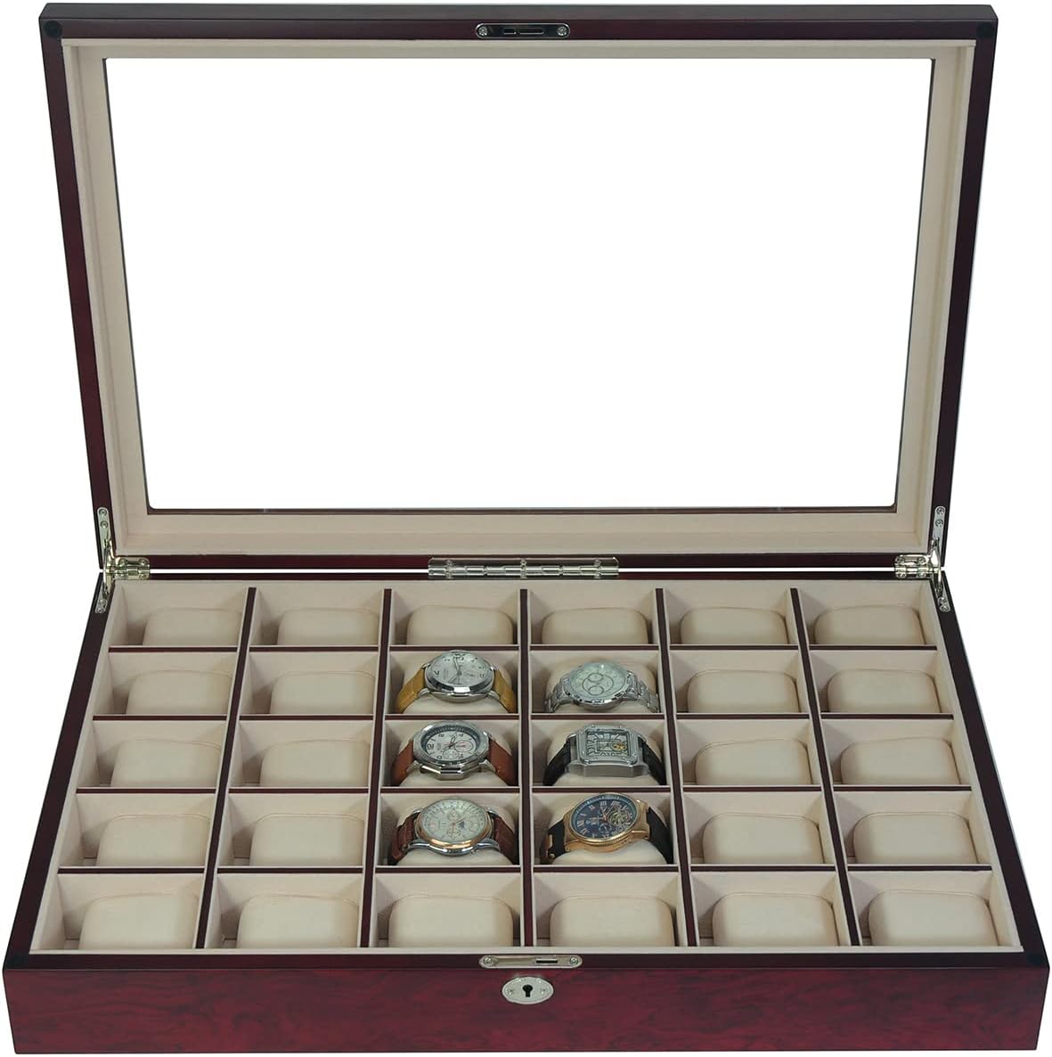 TimelyBuys 30 Piece Cherry Wood Watch Display Wall Hanging Case and Storage Organizer Box and Stand Father's Day