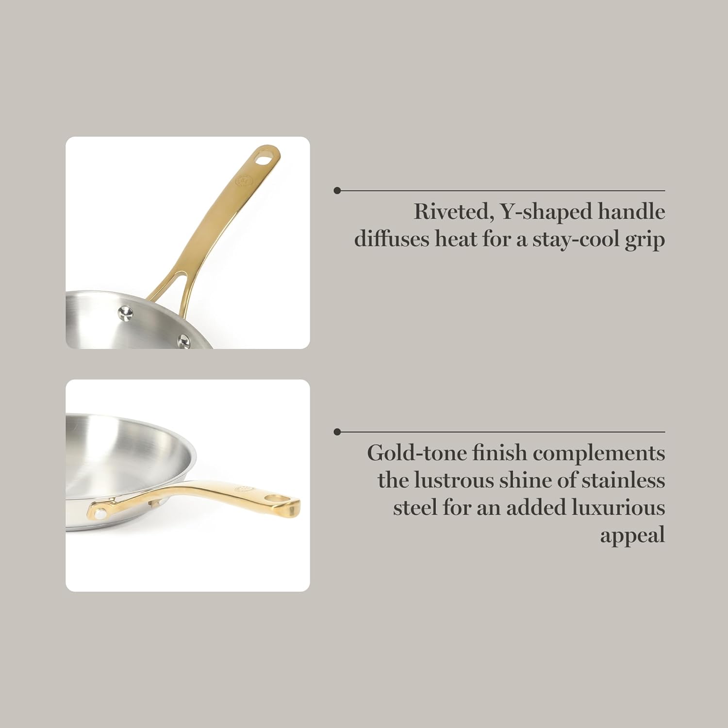 Martha Stewart Castelle 9.5-Inch Stainless Steel Frying Pan with Gold-Tone Handle – Tri-Ply Encapsulated Bottom, Oven Safe & Induction Safe Skillet for Searing and Sautéing