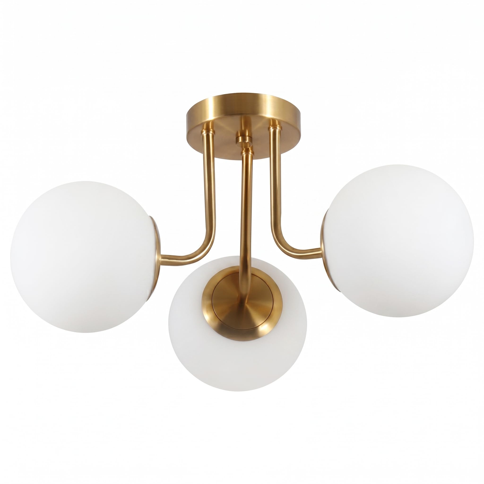 Bektas 3-Lights Semi Flush Mount Ceiling Light Fixture Brushed Gold Light Fixture Bend Modeling with Milk Glass Globe for Bedroom,Living Room,Dinning