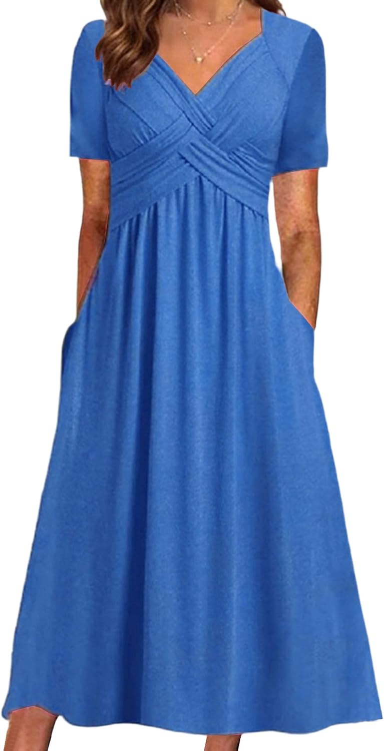 Women's Short Sleeve V Neck Wedding Guest Dresses Pleated Boho Sun Beach Vacation Dress for Women