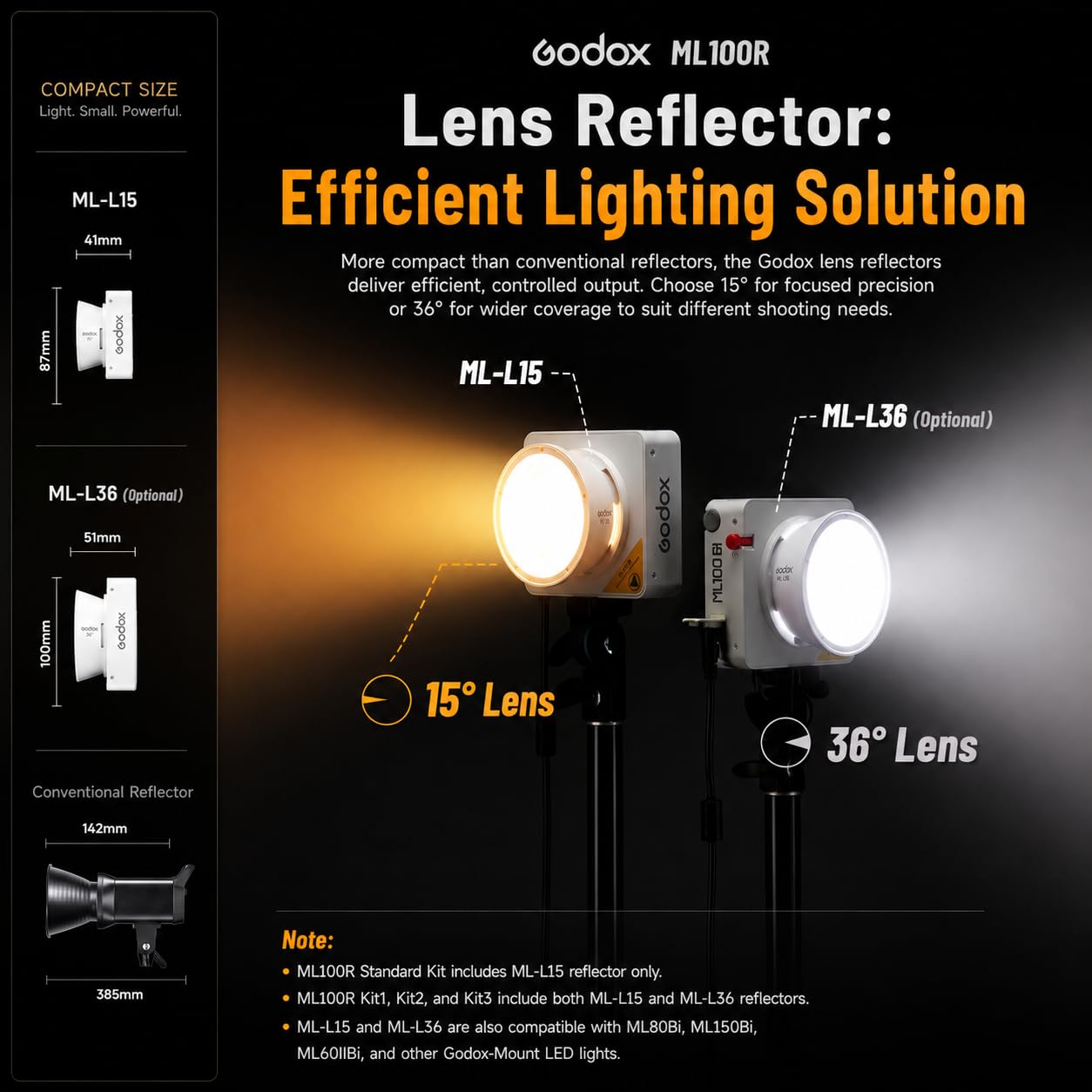 Godox ML100R Kit3 Luce Video LED RGB ca.110W, Riflettore 15° & 36° Incluso, 12900Lux @1m, 1800K-10000K, 14 Effetti FX, Impugnatura Batteria BG02, Godox Mount per Vlog