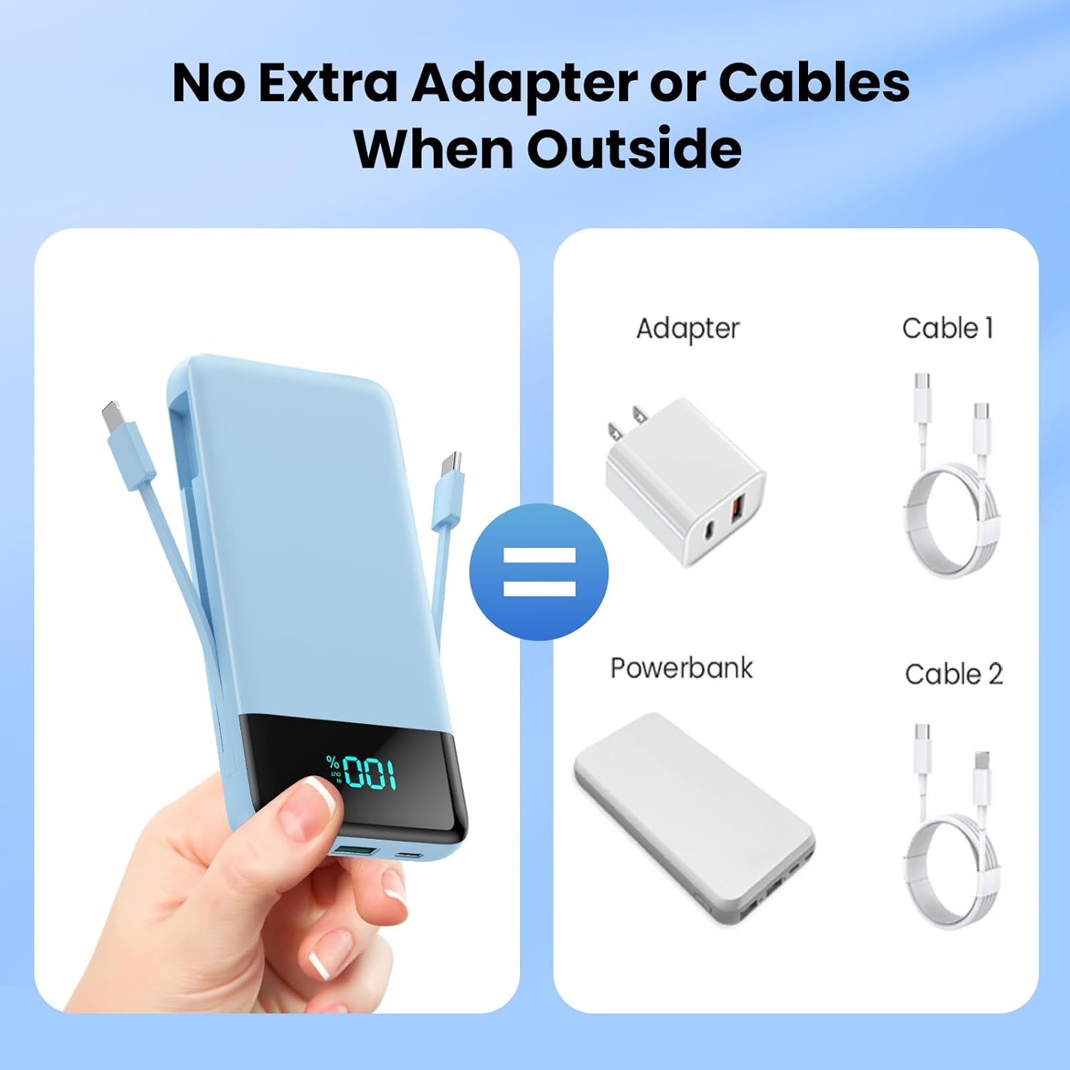 Portable Charger for iPhone,13800mAh Slim Power Bank with Built-in Cables & AC Wall Plug,All in One 4 Outputs USB C Fast Charging Battery Pack Travel Essential for iPhone 17/16/15/14,Android(Sky Blue)