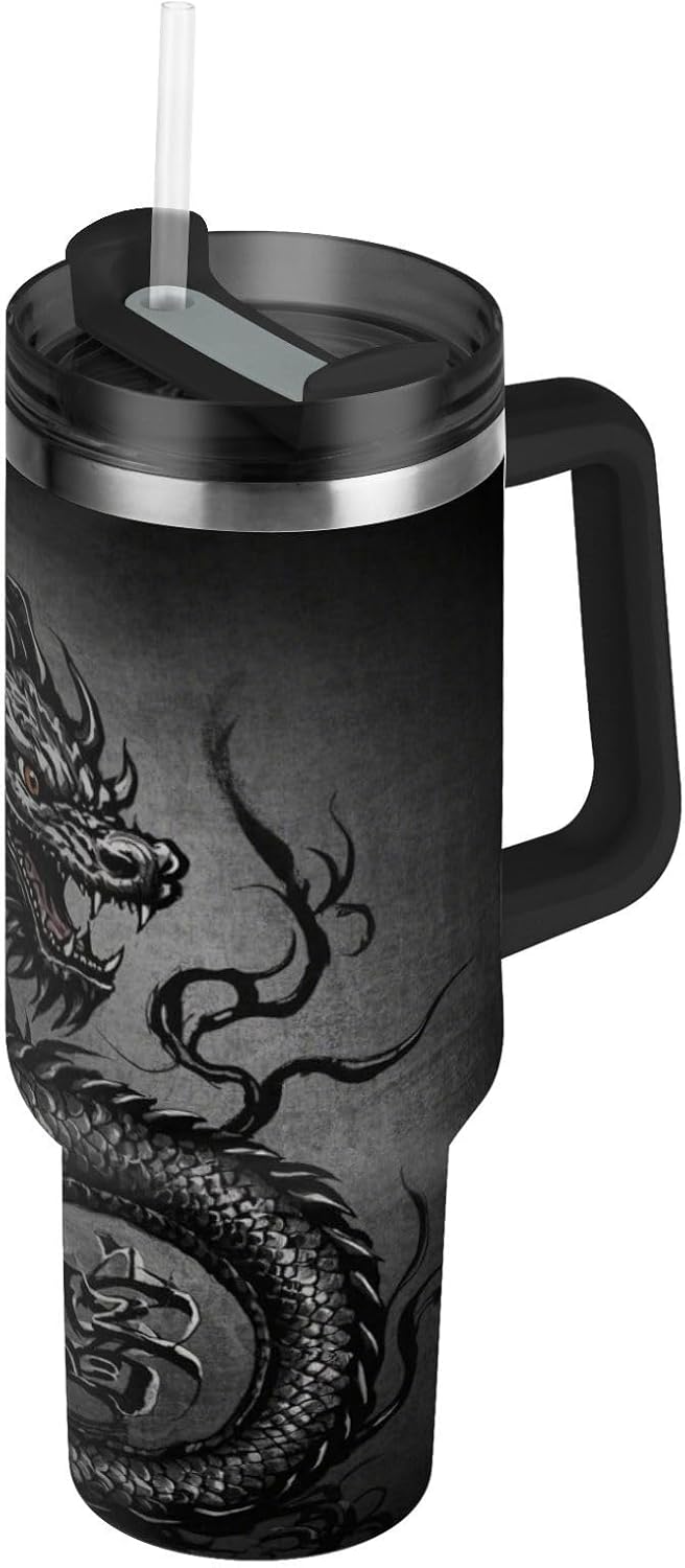 Chinese Dragon Blue Grey Vacuum Reusable Water Bottles with Straw Lid Decorative Extra Large Coffee Mug for Home, Office or Car vasos termicos para Hombres 40oz