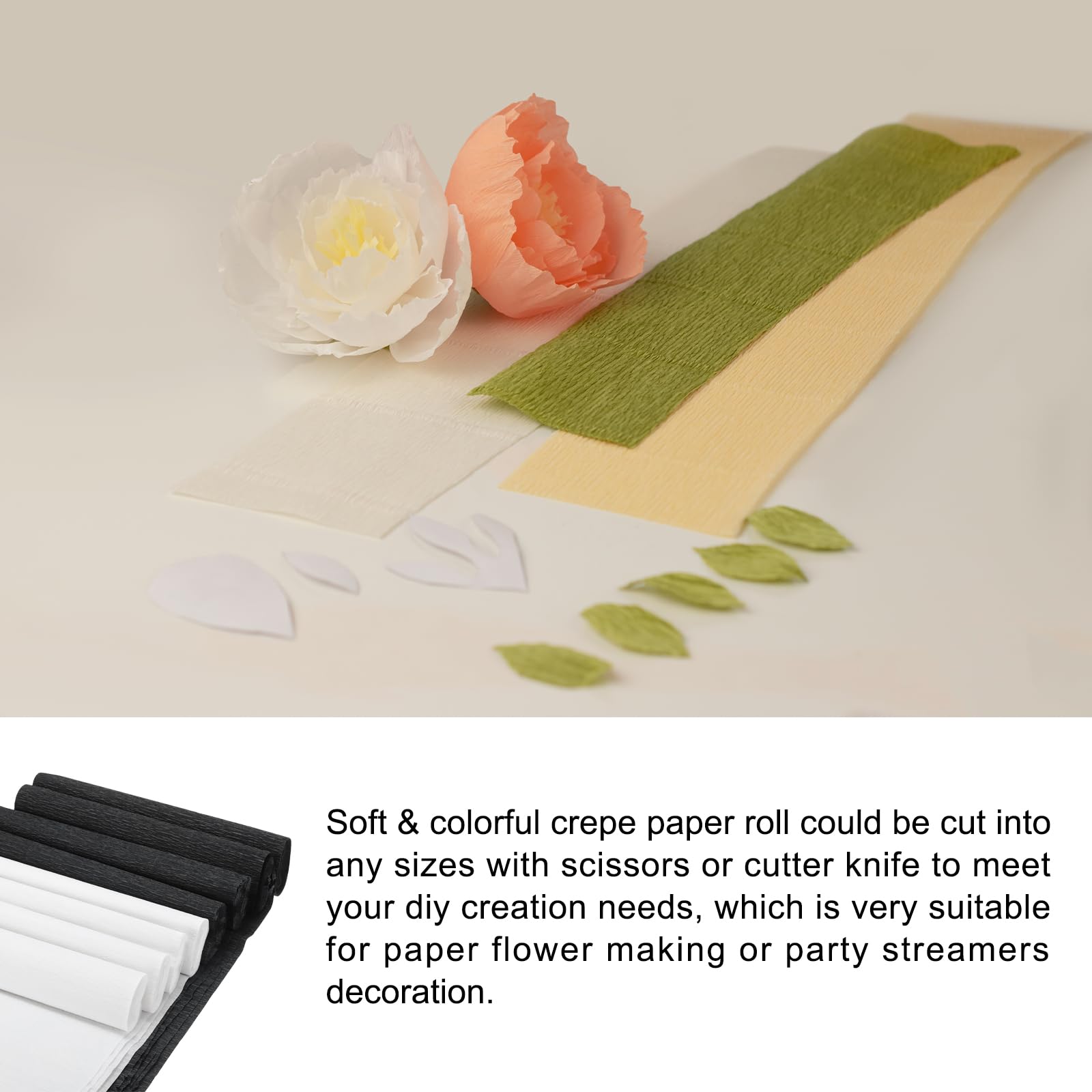 Rebower 8 rotoli di carta crespa, rotolo di carta crespa da 20,1 m, per fiori di carta, stelle filanti per feste, dimensioni: 25,4 cm x 2,4 m, colore: nero, bianco