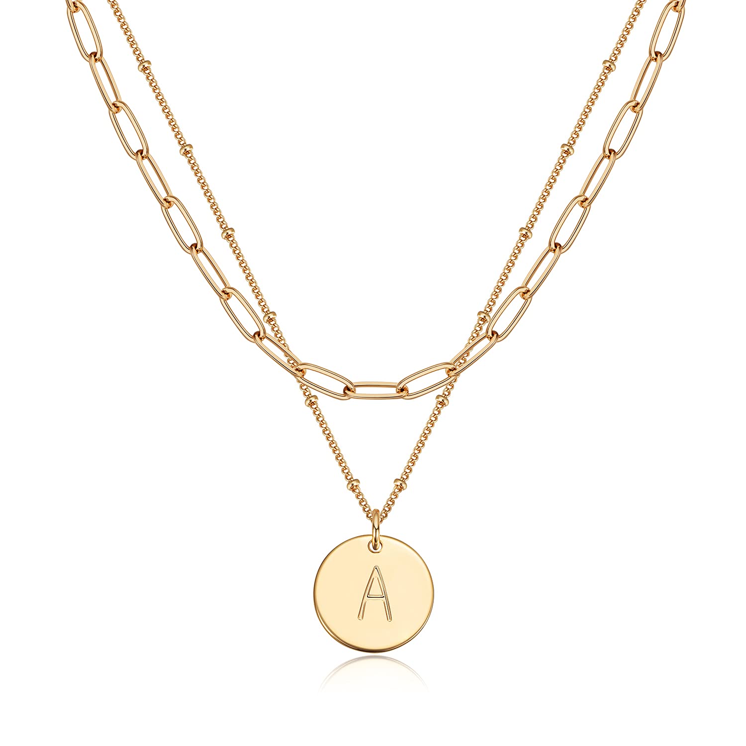 Valloey Rover Initial Necklaces for Women 14K Gold Plated Dainty Letter Necklce Round Coin Disc Pendant Double Side Engraved A-Z Necklace Personalized