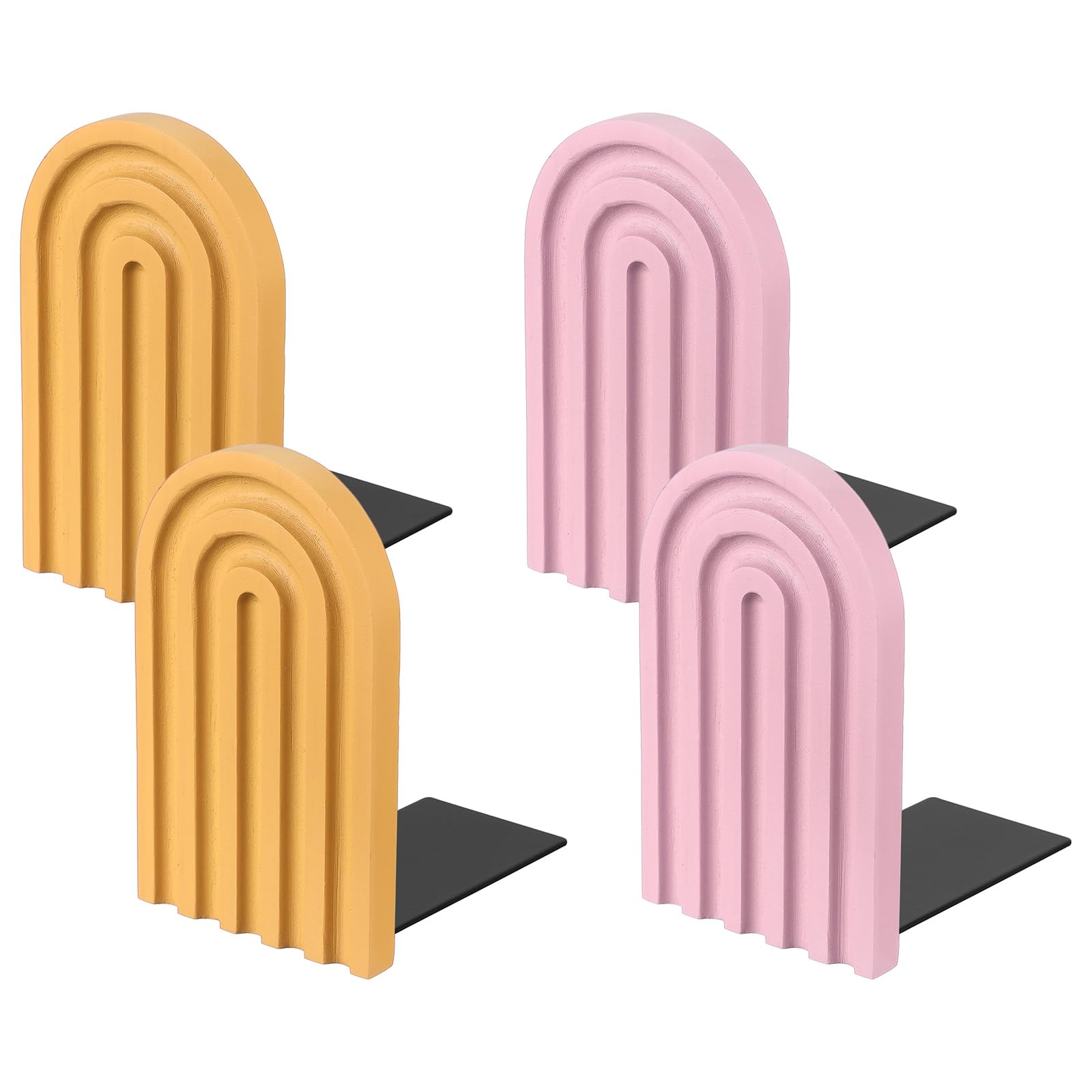 PATIKIL 4Pcs Arch Bookends, Non-Skid Wood Book Ends for Shelves Book Stopper for Holding Books Movie CD Home Office Library Decorative, Pink/Yellow