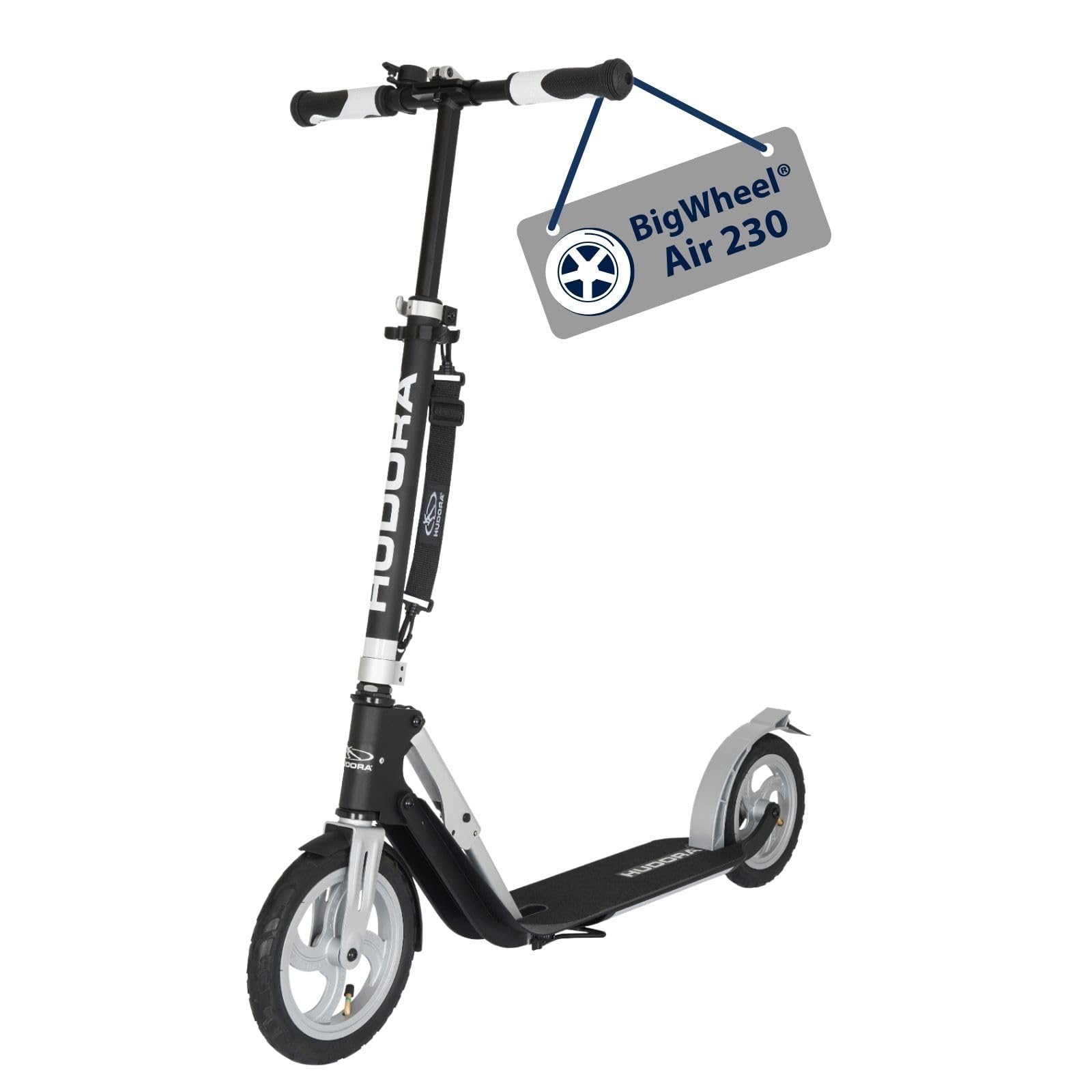 HUDORA BigWheel Air 230 - Monopattino Con/Senza Freno a Mano - Alluminio Resistente, Pneumatici, Regolabile in Altezza, Pieghevole - Carico Fino a 120 kg