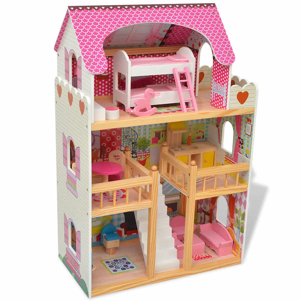 Mangloder 3-stöckiges Puppenhaus Holz 60 x 30 x 90 cm mit Miniaturmöbeln, Kinder Spielhaus für fantasievolles Rollenspiel, geeignet für Familie, Babyzimmer, Küche, Wohnzimmer, Balkon, Geschenk