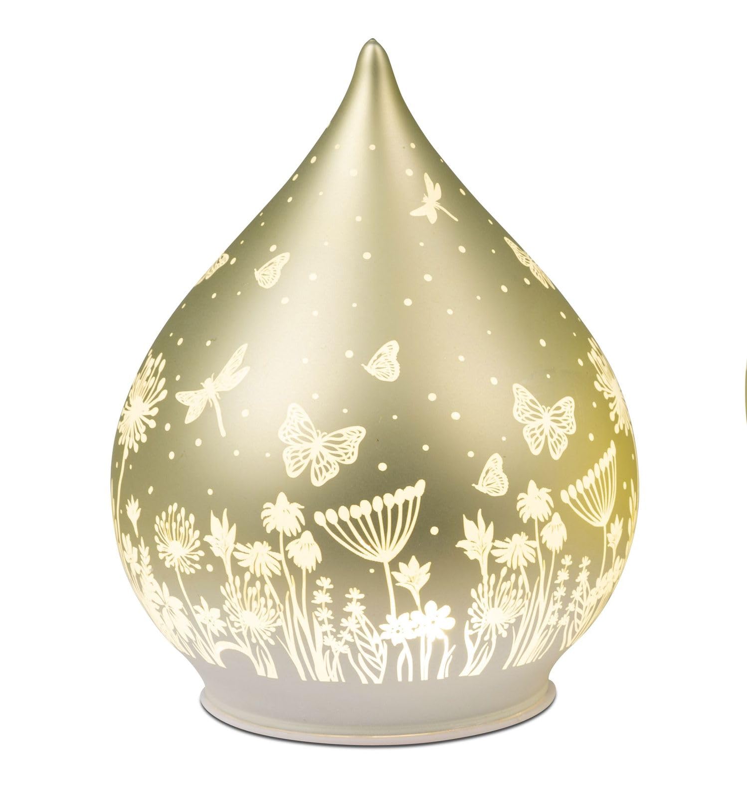 Lampe LED décorative avec minuterie 6h et décor floral en verre dépoli vert