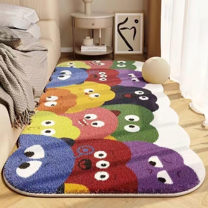 POPUPWAVE Alfombra de área para Dormitorio de 40 x 120 cm, Lavable, Bonita y Divertida Alfombra para niños y Mascotas, Moderna Impresa, Color Blanco, Forma Irregular (Monster Emoji)