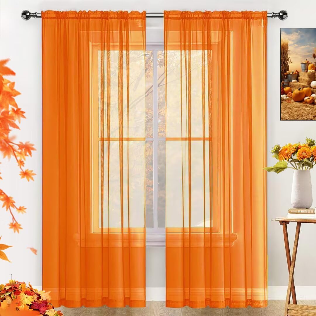 SpaceDresser Basic Rod Pocket Sheer Voile Window Curtain Panels Orange 2 Panels 52 Width 45 Inch Long for Kitchen Bedroom Children Living Room Yard(