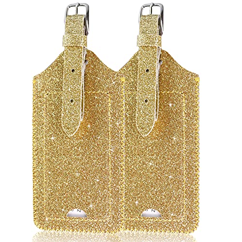 ACdream Luggage Tags 2 Pack, Leather Suitcase Tags Identifiers, Cute Cruise ID Labels with Privacy Cover fits on Backpack, Travel Bag, for Women, Men, Adults, Kids, Glitter Gold