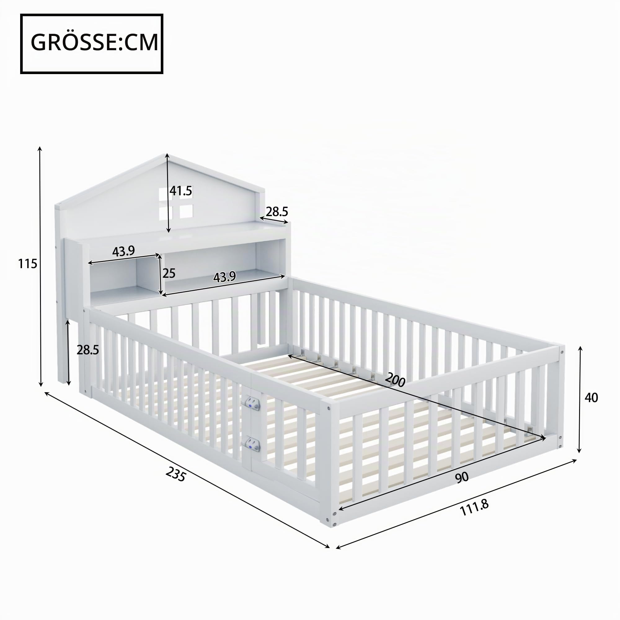 Kinderbett Bodenbett 90x200 cm mit Rausfallschutz&Lattenrost&Tür &Stauraum-Kopfteil&Tafel, Montessori Bett Bed Gitterbett Hausbett Kinder Jugendbett Einzelbett Holzbett Bettgestell, Massivholz, Weiß