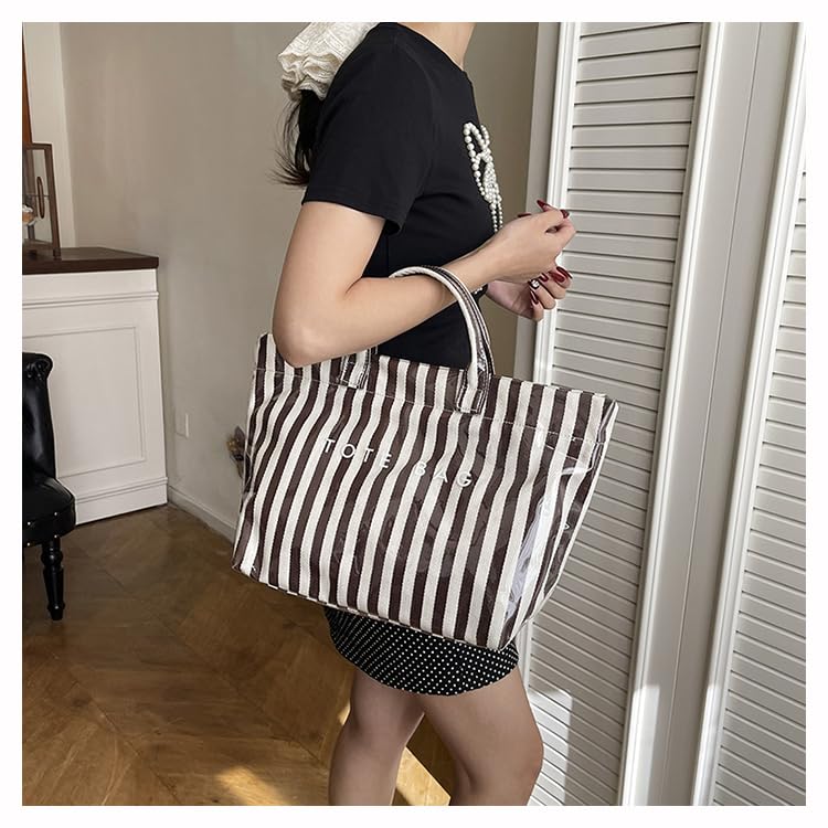 Image of Lushandy Striped PVC Tote Bag for Women, Large Plastic Tote Bag for Beach Pool Plaid Letters Print Hobo Handbag | Waterproof Material