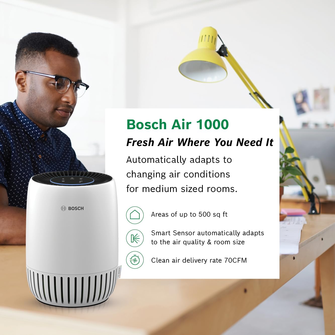 BOSCH Purificador de aire para el hogar, espacios pequeños (mantas, 500 m²), filtro 2 en 1 para polen, humo, polvo, ira, contaminación exterior, olor, HEPA, Air 1000, blanco
