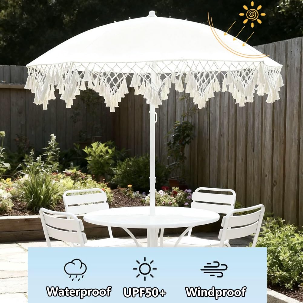 200 cm Parasol Przeciwsłoneczny z Frędzlami, Przenośny Parasol Ogrodowy z Regulacją Nachylenia, Ochrona UPF50+ do Ogrodu, Piknik, Przy Basenie