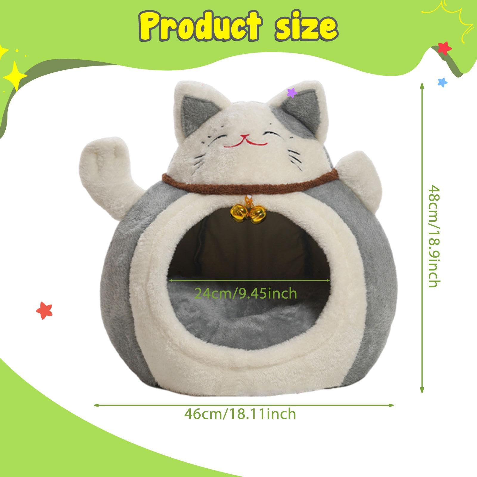 Milageto Niche pour Chat Multifonctionnelle, Abri pour Animal en Forme de Chat Porte-Bonheur, Maison Antidérapante et Confortable avec Clochette, Lit Doux en Coton PP pour Animaux de Compagnie, Gris L