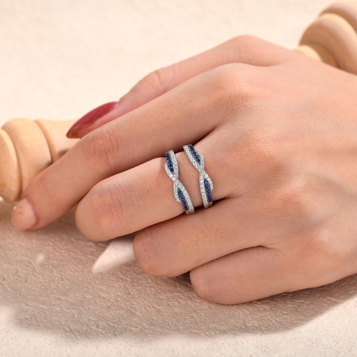 925 Sterling Silver Round Cut Blue Sapphire & Diamond Infinity Engagement Wedding Enhancer Wrap Ring Guard for Women's In 14K White Gold Finish