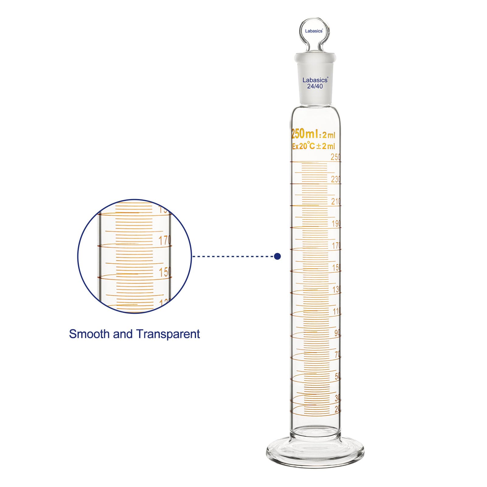 Labasics Cilindro Graduado con Tapón 250 ml Vidrio Borosilicato Junta Esmerilada 24/40 Laboratorio Medición Líquidos