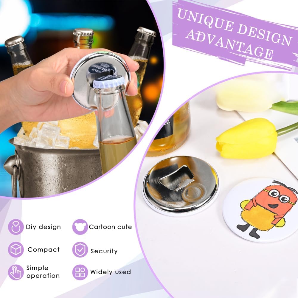 Magnet Button Making Supplies for Button Maker Machine, 50 Sets 58mm Magnet Bottle Opener Button Refill Includes Metal Shell, Graphic, Plastic Film, Metal Backing Parts