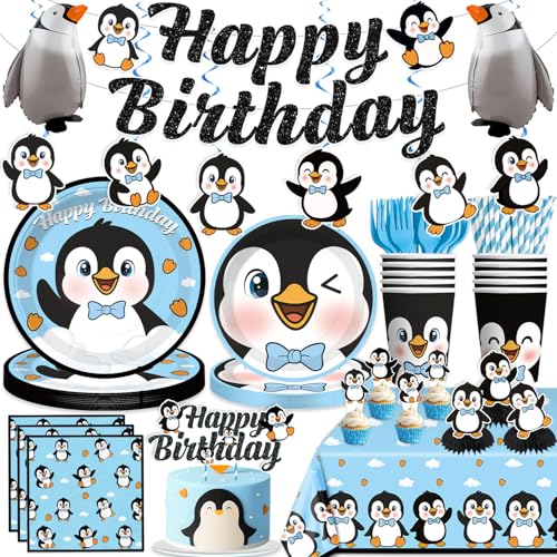 Xynic 179pcs Penguin Birthday Decorations Tableware Complete Party Set Penguin Party Decorations Serves 25 Guests includes Penguin-Theme Paper Banner Cake Topper Balloons Plates Napkins Cups etc