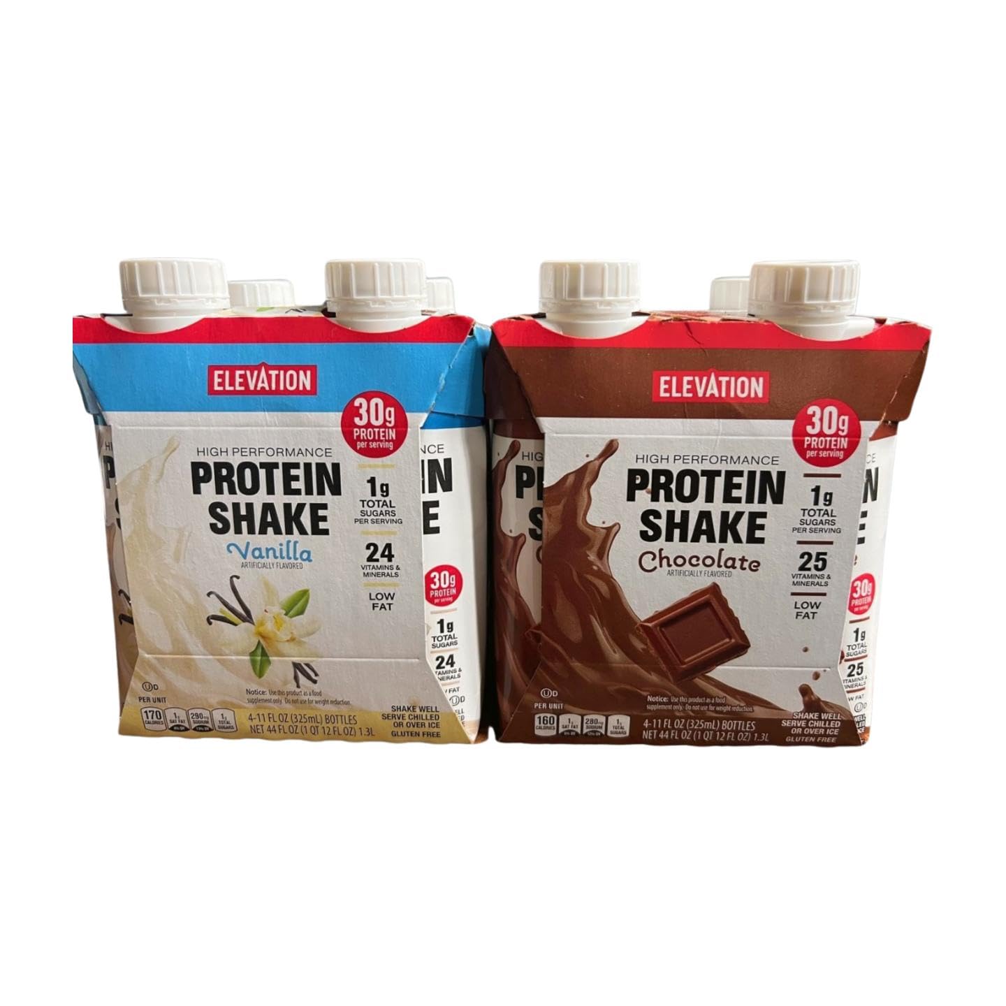 Elevation High Performance Protein Shake Vanilla and Chocolate 44fl oz 1.3L (8 Bottles/2 Packs)