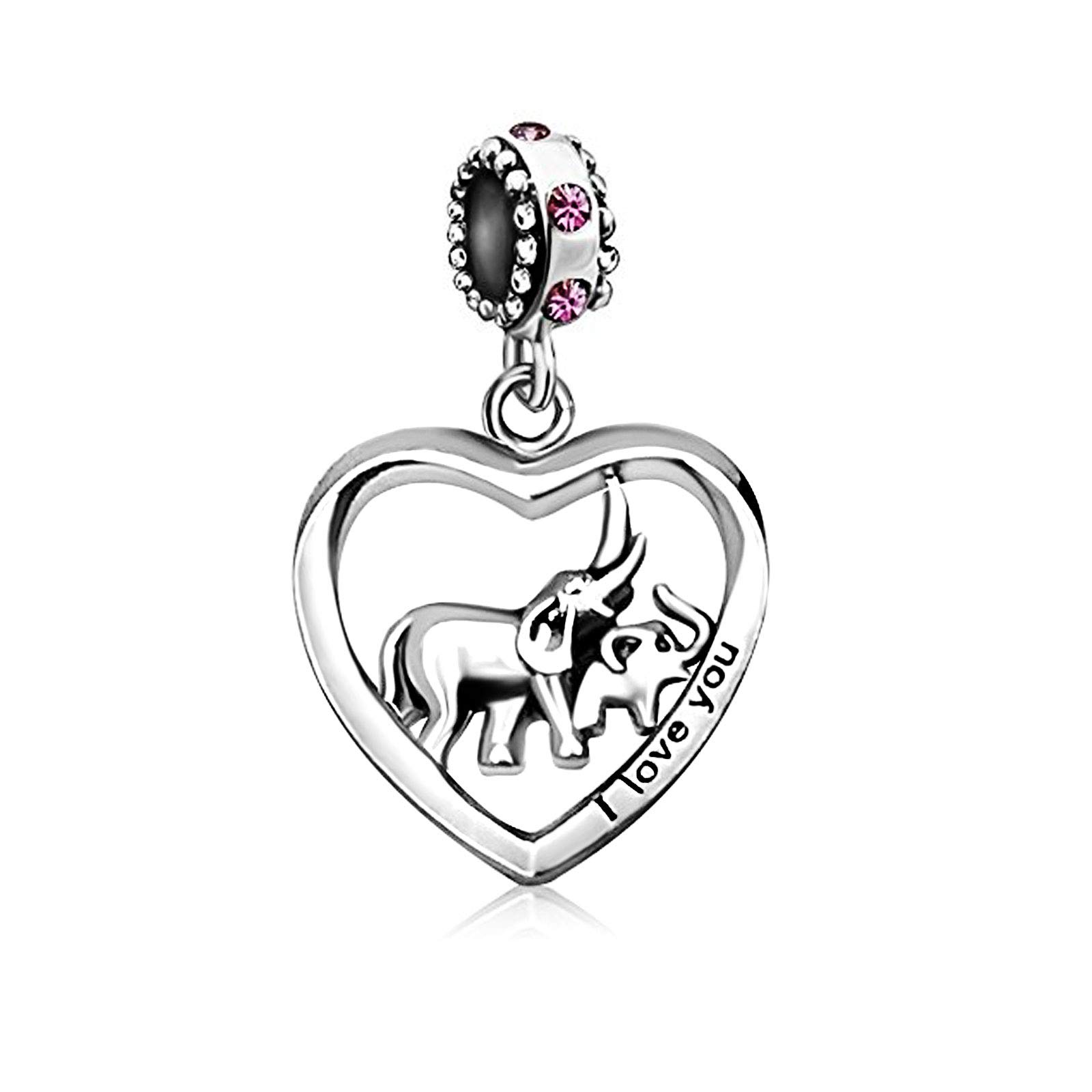 KunBeadJewelry Elephant Mum Mother Daughter Son Love Heart Charms Compatible with Pandora Bracelet