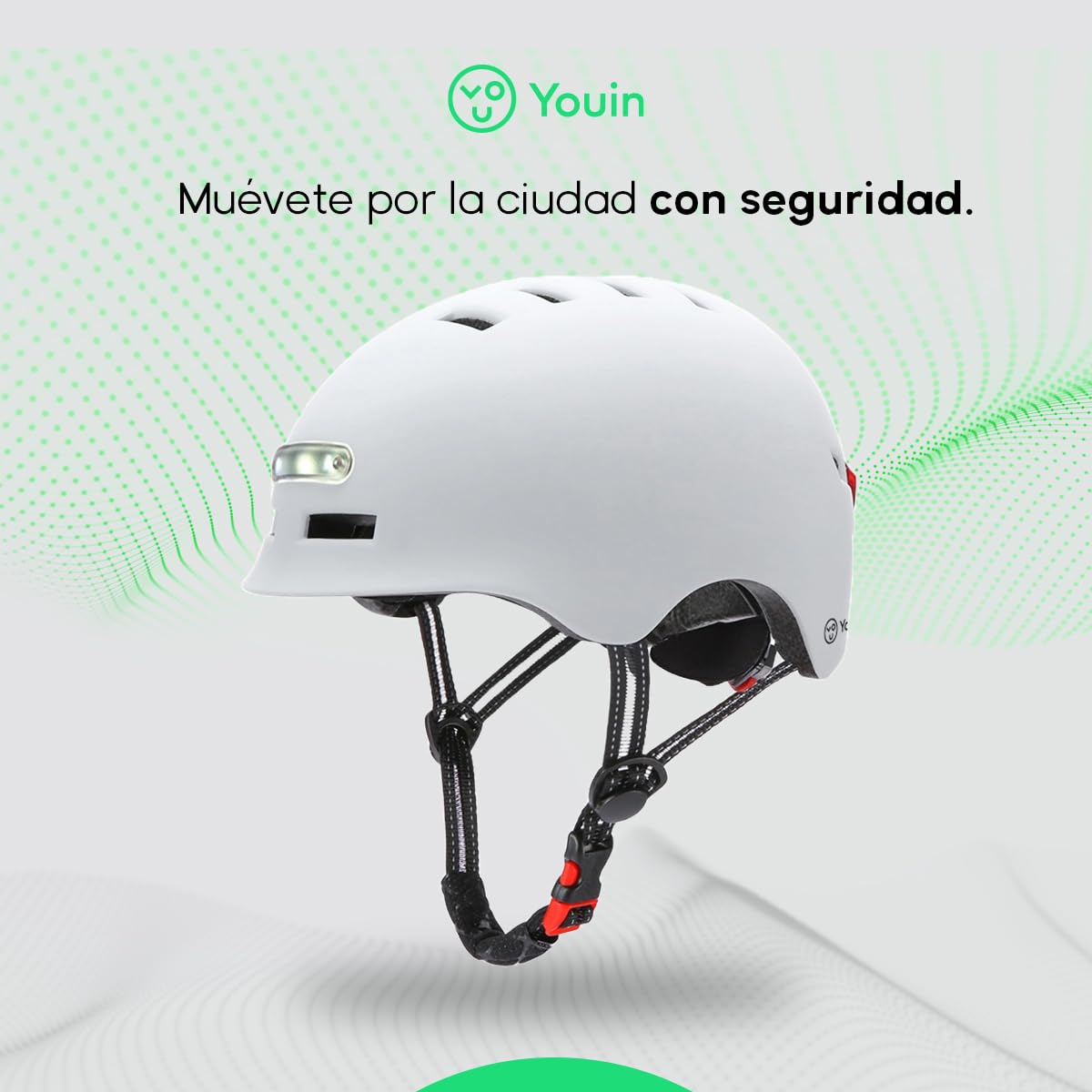 Youin Casco Homologado con LED Frontal y Trasero - Color Blanco - Talla M (52-58cm)- Protección y Visibilidad para Patinetes y Bicicletas - Ventilación Ajustable - Diseño Ligero y Ergonómico