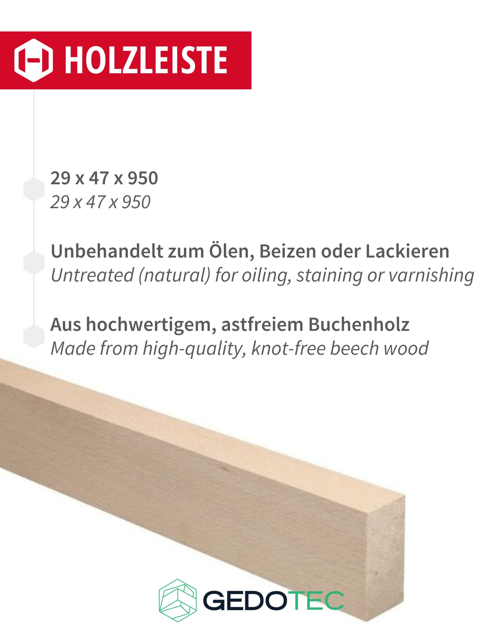 Gedotec Baguettes en bois pour bricoler et construire en hêtre - 95 cm | 5 pièces 29x47x950 mm | BASIC | polyvalent pour bricoler et construire des objets divers