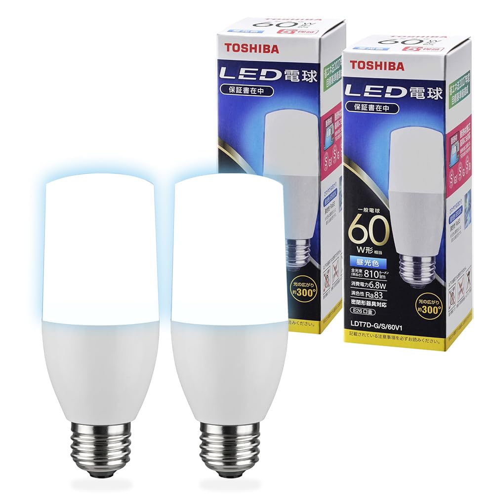 Amazon | TOSHIBA(東芝) LED電球 E26 T形 60W相当 広配光 昼光色 2P