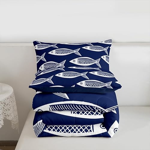 Miniatura 3 de Juego de edredón de peces tamaño King, ropa de cama azteca, ropa de cama tradicional mexicana, maya, étnica, abstracta, océano, geométrico, azul