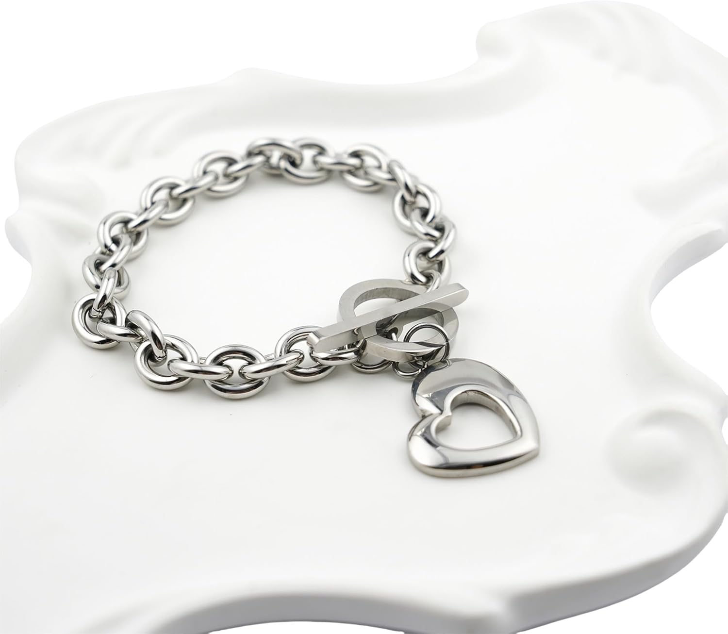 Heart Charm Bracelet for Women - Chunky Link Chain Bracelet with Love Pendant,7.5 Inch ,OT Toggle Clasp, Gold or Silver Plated Stainless Steel Trendy Jewelry Gift for Mom, Wife, friend on Birthday, Christmas, Valentine's Day, Birthday - Image 7